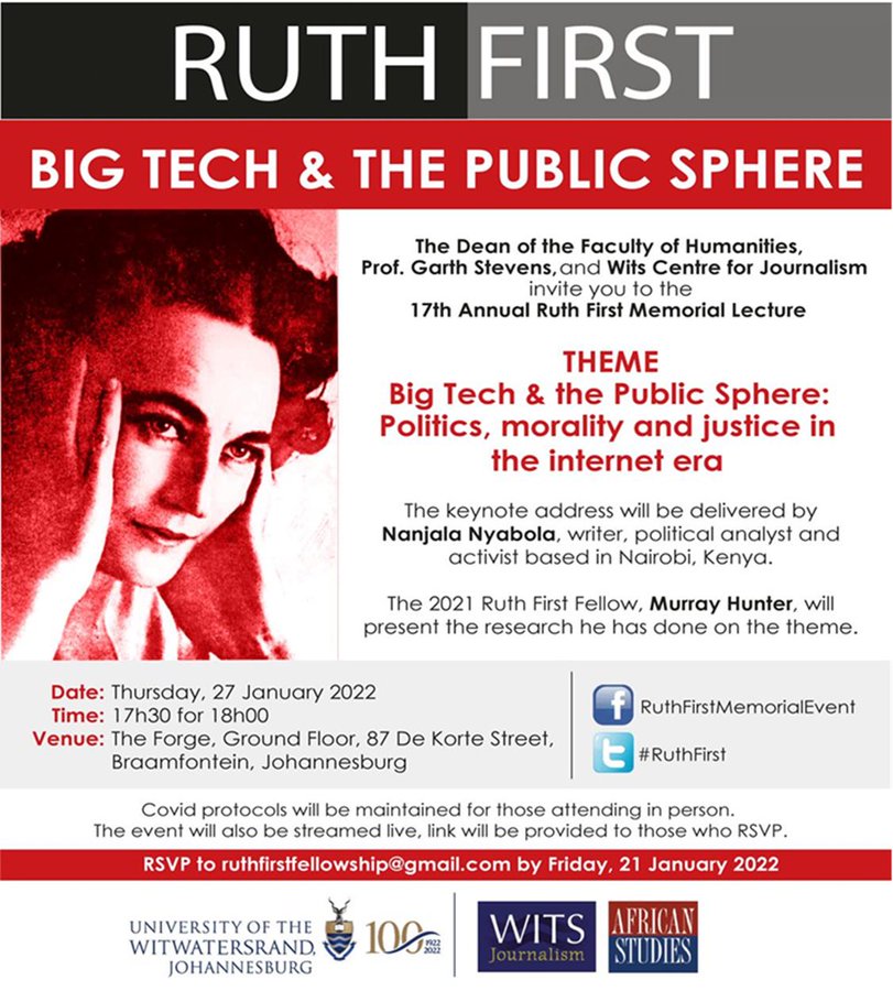 Invitation to the 2022 Ruth First Memorial Lecture